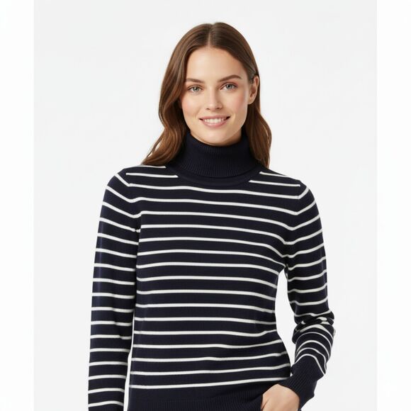 French Connection Navy & White Striped Turtleneck Sweater Size Small - Picture 1 of 7